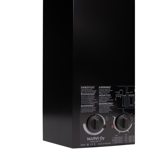 Elektrinė pirties krosnelė NARVI MINEX BLACK 3,6 kW su įmontuotu valdymu, Pirties krosnelės be garo generatoriaus - Kokybiška įranga ir ekspertų pagalba pirties statybai