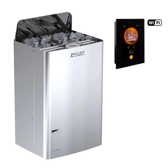 Elektrinė pirties krosnelė HARVIA THE WALL COMBI STEEL 9,0 kW su Fenix Combi Wifi valdymu, Pirties krosnelės su garo generatoriumi