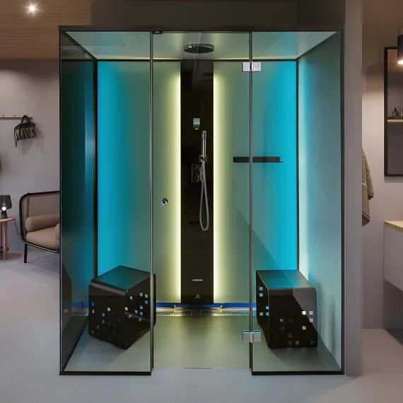 Garo dušas TYLO STEAM VISTA DOUBLE CORNER 160 kairė Matt Black, Garinės dušo kabinos - Kokybiška įranga ir ekspertų pagalba pirties statybai