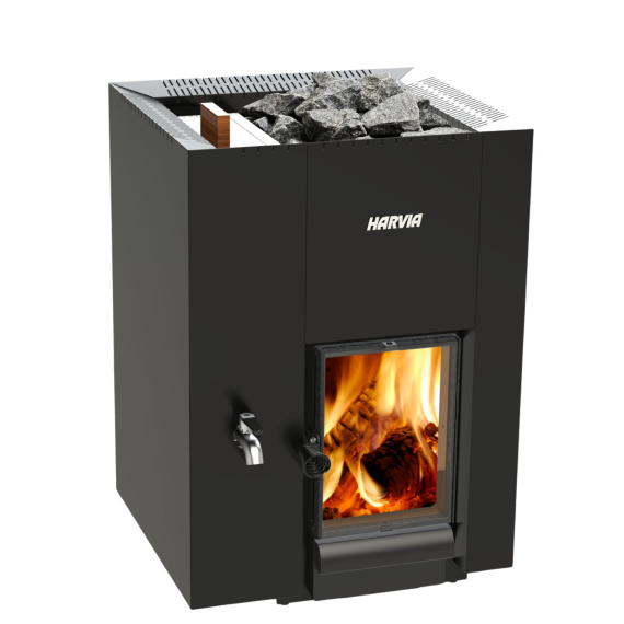 Malkinė pirties krosnelė HARVIA LINEAR 22 GREENFLAME LS BLACK, Malkinės pirties krosnelės su vandens talpa