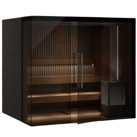 Saunos kabina TYLO REFLECTION GLASS CORNER RIB LEFT 180x180<br>Alksnis