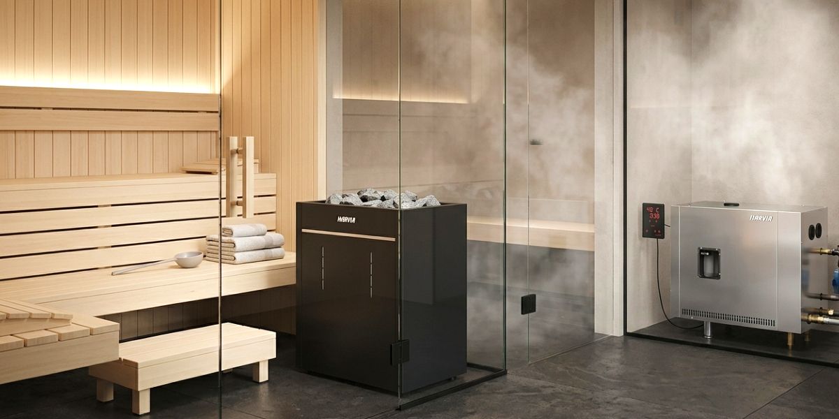 HARVIA VIRTA PRO COMBI ir HGP garo generatorius modernioje SPA erdvėje HARVIA VIRTA PRO COMBI elektrinė pirties krosnelė ir HARVIA HGP garo generatorius modernioje saunos ir garo SPA erdvėje