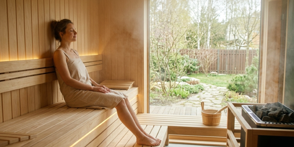 Moteris mėgaujasi poilsiu modernioje pirtyje su panoraminiu langu į pavasario sodą – pirties ritualas toksinų šalinimui ir limfos cirkuliacijai.