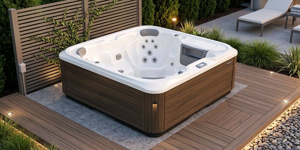 Masažinis baseinas Sundance Spa BRISTOL 780™ Series 2 Sundance Spa Bristol 780 masažinis baseinas lauko terasoje su hidromasažo purkštukais, poilsio zona ir paruošta įrengimo erdve.