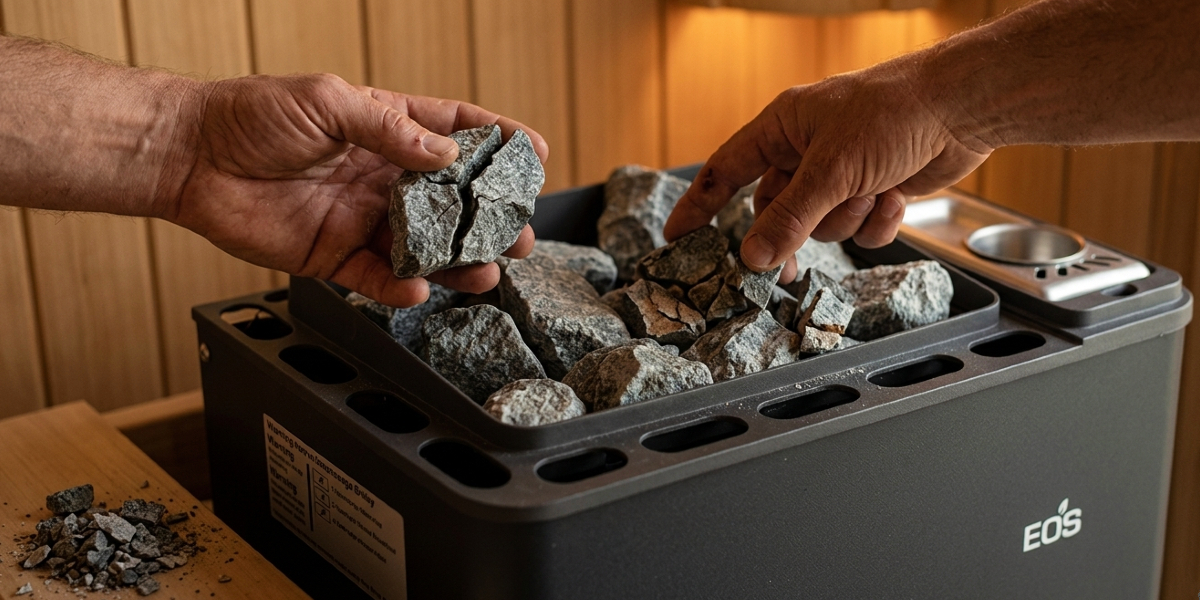 Suskilinėjęs pirties akmuo rankoje virš elektrinės krosnelės – pirties akmenų regeneracijos ir terminio šoko testas.