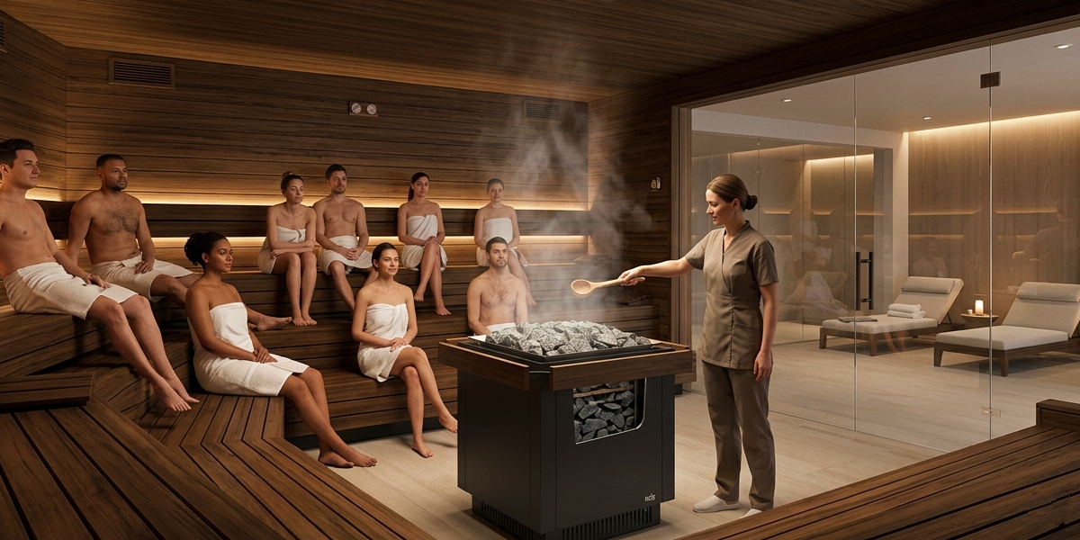 Didelėje SPA saunoje vyksta pirties ritualas – darbuotoja pila vandenį ant krosnelės, o lankytojai sėdi ant kelių lygių gultų.