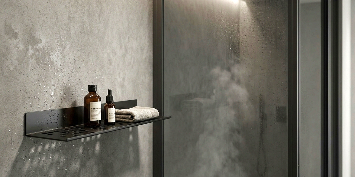 Tylö Shelf Pixel Black 400 matinė juoda lentyna su kosmetikos priemonėmis modernioje garo dušo SPA zonoje