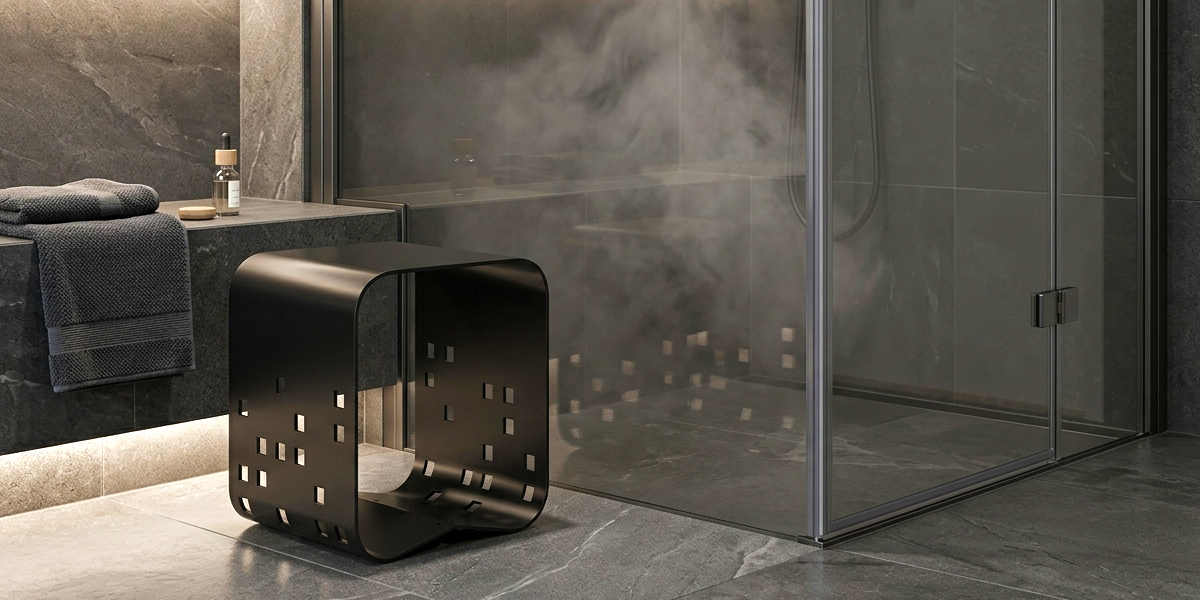 Tylö Stool Pixel Black matinės juodos spalvos kėdutė prie modernaus stiklinio garo dušo su SPA aksesuarais